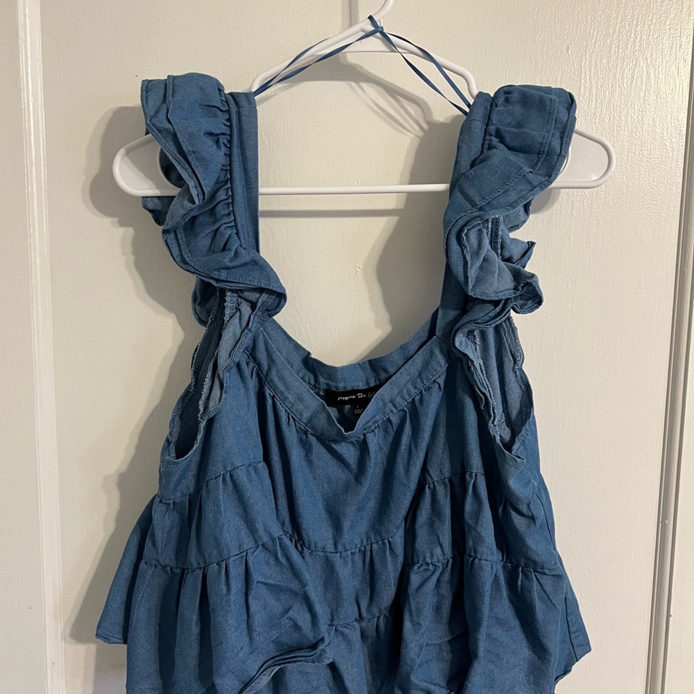 Blue Ruffled Sleeveless Top